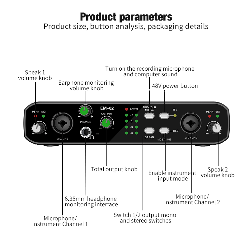 Condenser Microphone Kit - อินเทอร์เฟซเสียงพร้อมไมโครโฟน 48V Preamp 32 บิต/384KHz ความละเอียดเสียงสําหรับกีตาร์ไฟฟ้า