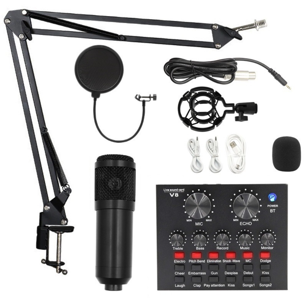 Condenser Microphone Kit - ชุดไมโครโฟนคอนเดนเซอร์ BM800 สำหรับสตรีมมิ่ง พร้อมอุปกรณ์เปลี่ยนเสียงสำหรับโทรศัพท์มือถือ การ์ดเสียงคอมพิวเตอร์ และอุปกรณ์พ็อดคาสต์สำหรับไลฟ์สด